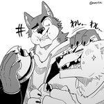 blush burger clothing duo eating eyes_closed food happy male male/male shirt smile topwear kurumiken kuro_(nomifuki) shiro_(nomifuki) canid canine canis domestic_dog mammal 1:1 hi_res monochrome