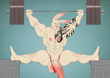 5_fingers abs anthro balls barazoku barbell barely_contained biceps big_balls big_muscles big_penis clothed clothing exercise feet fingers flexible front_view fur genitals green_background hands_above_head humanoid_genitalia humanoid_penis ineffective_clothing long_ears male muscular muscular_anthro muscular_male navel nipples pecs penis pink_nipples pink_nose pink_penis plantigrade red_clothing red_eyes red_underwear serratus simple_background smile solo splits spread_legs spreading tattoo thick_thighs thong topless trash_can underwear vein veiny_penis weightlifting weights white_balls white_body white_fur workout kazushi tiny_(bsmith329) lagomorph leporid mammal rabbit 2015 digital_media_(artwork)