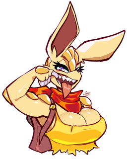 anthro backpack big_breasts breasts claws cleavage clothed clothing female finger_claws finger_in_mouth looking_at_viewer open_mouth pink_eyes presenting_teeth scales sharp_teeth simple_background solo teeth tongue tongue_out topwear white_background yellow_body yellow_clothing yellow_scales yellow_topwear jamoart trish_(jamoart) mammal pangolin 2023 absurd_res hi_res