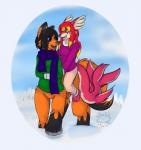 anthro black_hair black_tongue breasts clothing coat duo female fur hair open_mouth orange_body orange_fur riding scarf snow tongue topwear fallenfolf nuro xeila canid canid_taur canine canine_taur canis fox fox_taur hybrid mammal mammal_taur taur wolf 2017