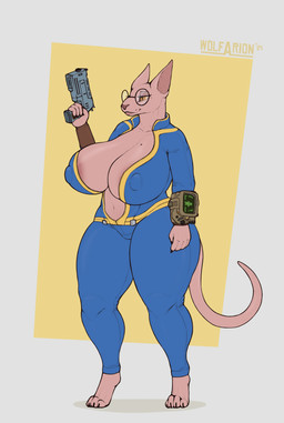 abstract_background anthro areola big_breasts breasts brown_eyes claws clothed clothing eyewear female glasses gun hairless handgun huge_breasts lips looking_aside navel nipple_outline nipples pip-boy pistol raised_arm ranged_weapon round_glasses simple_background smile solo standing text vault_suit weapon wide_hips yellow_sclera wolfarion fallout microsoft domestic_cat felid feline felis hairless_cat mammal sphynx_(cat) 2024 absurd_res artist_name colored digital_drawing_(artwork) digital_media_(artwork) full-length_portrait hi_res portrait