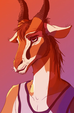 anthro black_horn brown_body brown_eyebrows brown_fur brown_hair clothing eyebrows fur hair horizontal_pupils horn male messy_hair mouth_closed pupils simple_background solo topwear unsigned white_body white_ears white_fur swampjaws antelope bovid gazelle mammal thomson's_gazelle true_antelope bust_portrait hi_res portrait
