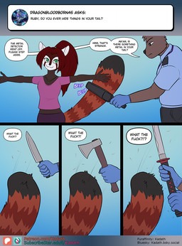 anthro ask_blog axe black_nose clothed clothed_anthro clothed_female clothing dialogue duo female footwear fur gloves hair handwear humor katana knife male melee_weapon metal_detector red_body red_fur red_hair sword tail text weapon conditional_dnp kadath ruby_(kadath) ailurid bear mammal red_panda 2025 comic english_text hi_res url