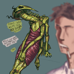 4_arms 6_arms 8_limbs antennae_(anatomy) anthro arthropod_abdomen clothed clothing compound_eyes dialogue dress duo exoskeleton female male multi_arm multi_limb speech_bubble sun_bug trilobite_girl_(sun_bug) aquatic arthropod human mammal prehistoric_species trilobite 1:1 absurd_res hi_res