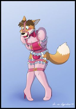 anthro ball_gag bdsm biped black_nose bondage bound brown_hair bulge clothed clothing crossdressing dipstick_tail dress femboy footwear fur gag gagged gradient_background green_eyes hair halter harness harness_ball_gag harness_gag high_heels knock-kneed legwear male markings multicolored_body multicolored_fur multicolored_tail muzzle_(object) muzzled orange_body orange_fur pigeon_toed pink_clothing restraints shoes simple_background solo standing straitjacket submissive submissive_male tail tail_markings tan_body tan_fur underwear vir-no-vigoratus john_david_fox canid canine fox mammal 2017 digital_drawing_(artwork) digital_media_(artwork) hi_res sibling_(lore) sister_(lore)