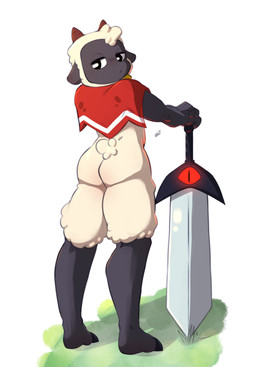 anthro butt cloak cloak_only clothing male melee_weapon presenting presenting_hindquarters solo standing sword weapon himacat cult_of_the_lamb massive_monster_(studio) lamb_(cult_of_the_lamb) red_crown_(cult_of_the_lamb) bovid caprine mammal sheep hi_res
