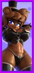 anthro big_breasts blue_eyes breasts camel_toe clothed clothing crossgender female hat headgear headwear legwear machine mtf_crossgender name_tag panties skimpy smile solo thigh_highs top_hat underwear codabun five_nights_at_freddy's fredina's_nightclub scottgames freddy_(fnaf) fredina_(cally3d) animatronic bear mammal robot 2022 3d_(artwork) digital_media_(artwork) hi_res