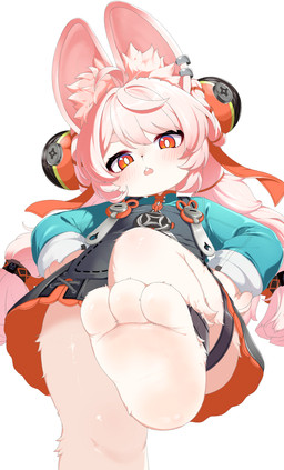 3_toes accessory animal_ear_piercing animal_ears animal_feet ankle_strap anklet anthro barefoot big_ears black_clothing black_dress blue_clothing blue_shirt blue_topwear blush braided_hair buckteeth clothed clothing dress ear_piercing feet female female_focus fingers foot_focus fur hair hair_accessory hands_on_hips hands_on_own_hips hindpaw inner_ear_fluff jewelry leg_strap leglet long_hair long_sleeves looking_at_viewer looking_down looking_down_at_viewer low-angle_view open_mouth paws piercing pigtails pink_body pink_fur pink_hair plantigrade rabbit_ears red_eyes shirt simple_background sleeveless_clothing sleeveless_dress soles solo step_pose teeth thigh_strap tied_hair toes topwear tuft twin_braids upper_teeth white_background young didac_fantasy mihoyo zenless_zone_zero zhao_(zenless_zone_zero) lagomorph leporid mammal rabbit 2026 hi_res