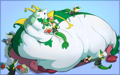 bedroom_eyes belly berry big_belly blobby blush brooch clothed clothed_feral clothing crumbs crumbs_on_face ear_piercing ear_ring feeding female feral flushed food fruit furniture green_body group huge_belly hyper hyper_belly immobile lidded_eyes maid_headdress maid_uniform massage morbidly_obese morbidly_obese_female morbidly_obese_feral narrowed_eyes obese obese_female obese_feral open_mouth overweight overweight_female overweight_feral piercing plant platter pokemon_berry red_eyes ring_piercing seductive serpentine servant simple_background smile sofa stuck uniform veryfilthything nintendo pokemon generation_5_pokemon pokemon_(species) reptile scalie serperior snake snivy 2025 absurd_res hi_res