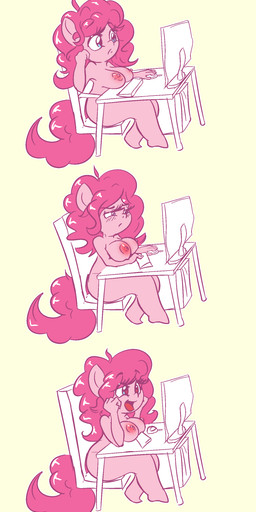 anthro big_breasts blue_eyes breasts computer curly_hair electronics excited female hair nipples pink_body pink_hair poofy_hair smile solo snus-kun friendship_is_magic hasbro my_little_pony pinkie_pie_(mlp) equid equine horse mammal pony hi_res