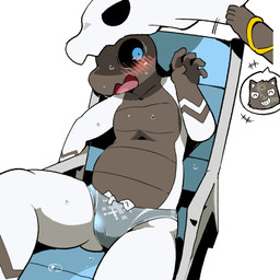 anthro beach_chair black_body black_sclera blue_eyes blush bodily_fluids cheeky clothed clothing duo embarrassed eyes_closed grin male open_mouth sitting smile sweat swimwear swimwear_only topless topless_male unmasking white_body moesouna_gomi faith_(moesouna_gomi) ringula domestic_cat felid feline felis mammal 1:1 2026 japanese_description