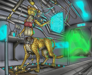 clothed clothing computer computer_screen cybernetics detailed_background electronics female glowing machine modular science science_fiction screen solo suspension dragonnetstorm natasha_peterson cheetah cyborg equid felid feline mammal taur