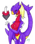 3_fingers after_transformation alternate_species anthro aroused aroused_face aroused_smile bedroom_eyes belly_scales big_breasts black_sclera blonde_hair blush breasts brown_eyes claws cynthia_(pokemon) darkrai dragon emblem enjoying erect_nipples eyelashes fangs female fin fingers fish garchomp generation_4_pokemon genitals hair huge_breasts humanoid_hands ivanks legendary_pokemon long_neck long_tail looking_at_viewer lust_transformation marine mythological_creature mythological_scalie mythology narrowed_eyes nintendo nipples non-mammal_breasts non-mammal_nipples nude open_mouth pokemon pokemon_(species) pokemon_champion purple_body pussy red_body scales scalie seductive short_hair simple_background smile snout solo species_transformation spikes spikes_(anatomy) standing tail teeth tongue transformation transformation_through_magic white_background