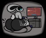 anthro big_butt blue_eyes bottomwear bulge butt clothing controller electronics femboy fur gaming glowing glowing_eyes male playing_video_game scut_tail short_tail shorts sitting solo tail television white_body white_fur thfooxxir gimby lagomorph leporid mammal rabbit hi_res