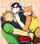 anthro biceps black_body black_fur blush bulge duo embarrassed fur male muscular muscular_male pecs bearlovestiger13 tooboe_bookmark fukuzawa natsume_(tooboe_bookmark) nitobe canid canine canis domestic_dog felid lion mammal pantherine