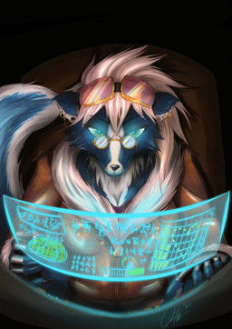 anthro biped blue_body blue_fur breasts clothed clothing ear_piercing ear_ring eyewear facial_piercing female fur gauged_ear glasses green_eyes hair lip_piercing multiple_piercings piercing ring_piercing sitting solo technology white_hair waffleirony mammal mephitid skunk 2016