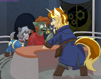 alternate_universe angry argument bomb_collar brotherhood_of_steel_(fallout) brotherhood_of_steel_insignia clothing collar feral group inside male overhead_lighting solstice_eclipse trio uniform vault_suit yelling cheetoeater conditional_dnp fallout fallout_equestria hasbro microsoft my_little_pony olive_pit_(cheetoeater) trojan_(cheetoeater) hi_res