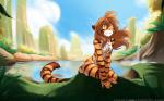 16:10 2018 adobe_photoshop_(artwork) amber_eyes anthro biped breasts brown_hair casual_nudity chest_tuft cloud colored conditional_dnp countershading day detailed_background digital_media_(artwork) featureless_breasts felid female flora_(twokinds) fur grass hair hi_res keidran mammal multicolored_body multicolored_fur nude orange_body orange_fur outside pantherine plant pond sitting sky small_breasts smile solo striped_body striped_fur stripes tail text tiger tom_fischbach tuft twokinds url water waterfall white_body white_fur widescreen