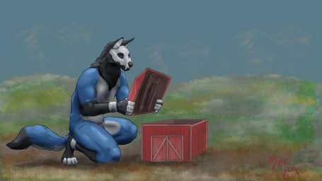 anthro barn barn_door biped black_body black_fur black_tail blue_body blue_eyes blue_fur blue_sky blue_tail bone casual_nudity claws detailed_background feet flaccid fur genitals kneeling macro macro_male male male_anthro mountain_range nude nude_anthro nude_macro nude_male outdoor_nudity outside penis pink_penis red_text skull skull_head sky solo tail text three-quarter_view white_body white_fur jeri_kleinlowe macro_march canid canine mammal 16:9 2024 colored dated digital_drawing_(artwork) digital_media_(artwork) hi_res shaded signature soft_shading widescreen