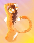 anthro arms_above_head blue_eyes breasts brown_hair butt female hair looking_back nipples nude side_boob simple_background smile solo stripes tail whiskers neex becca_(neex) domestic_cat felid feline felis mammal 2011 4:5 artist_name digital_media_(artwork)