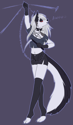 anthro breasts female fur kusarigama ninja simple_background spinning swing warrior weapon mankokat hellaverse helluva_boss mythology dhork_agent loona_(helluva_boss) canid canid_demon canine canis demon hellhound mammal mythological_canine mythological_creature wolf hi_res