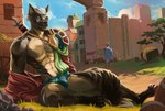 anthro armor blue_eyes brown_body brown_fur building bulge butt city cloak clothing fantasy fur hair house male medieval melee_weapon muscular pubes solo sword tan_body tan_fur underwear warrior weapon white_hair levsha canid canine mammal digital_media_(artwork) hi_res