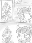 2016 3:4 alpaca animal_crossing anthro camelid canid canine canis clothed clothing comic digital_drawing_(artwork) digital_media_(artwork) domestic_dog duo eeekay female greyscale hi_res isabelle_(animal_crossing) mammal monochrome nintendo reese_(animal_crossing) shih_tzu toy_dog