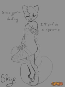 anthro armwear bow_ribbon clothing dancing dialogue female fishnet_armwear fishnet_clothing fishnet_leggings fishnet_legwear glint hand_on_chest heart_symbol holding_object leggings legwear loli looking_at_viewer navel nipples nude one_eye_closed pawpads paws pom_poms raised_leg solo tail talking_to_viewer text wink young young_anthro young_female coffeekit canid canine fox mammal english_text hi_res sketch