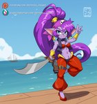 alternate_species anthro blue_eyes breasts clothing cloud day female footwear fur furrification hair headgear headwear humanoid_pointy_ears long_hair looking_at_viewer pointy_ears ponytail purple_body purple_fur purple_hair smile solo text water sephyra league_of_legends riot_games shantae_(series) tencent wayforward shantae yordle absurd_res hi_res signature url