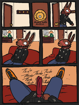anthro black_clothing black_sweater black_topwear blue_bottomwear blue_clothing blue_pants blush bodily_fluids bottomwear brown_body brown_fur clothing cum cum_on_clothing embarrassed erection erection_under_clothing fur furniture genital_fluids genitals male neck_tuft on_sofa pants penis sitting sofa solo sweater text throbbing throbbing_penis topwear tuft qwaxi~lixard lagomorph leporid mammal rabbit 2026 3:4 colored comic english_text flat_colors