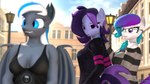 anthro blue_eyes blue_hair blurred_background blurred_foreground braided_hair braided_ponytail breasts cleavage clothed clothing depth_of_field eyewear fangs female glasses gradient_hair group hair ponytail pupils purple_body purple_eyes purple_hair slit_pupils teeth trio anthroponiessfm distracted_boyfriend hasbro my_little_pony aurora_starling diamond_azure fan_character raven_storm bat_pony earth_pony equid equine horse mammal pony 16:9 3d_(artwork) 4k absurd_res digital_media_(artwork) hi_res meme widescreen
