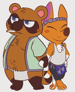 anthro apron asian_clothing belly blue_apron blue_clothing blush cigarette clothing duo east_asian_clothing fundoshi hand_holding japanese_clothing male male/male navel outie_navel shirt tank_top topwear underwear tbid animal_crossing nintendo crazy_redd tom_nook_(animal_crossing) canid canine fox mammal raccoon_dog tanuki hi_res
