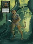 anthro armor breasts clothed clothing female forest fur jungle melee_weapon paws plant solo text tree weapon ony01 hasbro magic:_the_gathering wizards_of_the_coast mirri_cat_warrior catfolk domestic_cat felid feline felis leonin mammal 3:4 absurd_res english_text hi_res