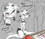 5_fingers anthro balls biped black_clothing blue_eyes blush bodily_fluids breasts clothed clothing cum cum_on_face duo erection eye_contact fellatio female fingers fur genital_fluids genitals good_girl hair happy horn humanoid_genitalia humanoid_penis leaking_precum looking_at_another looking_at_viewer looking_up male male/female nipples open_mouth oral partially_clothed penile penis precum saliva saliva_on_penis saliva_string seductive sex simple_background small_breasts tail tail_motion text thick_thighs tongue tongue_out undressed white_body white_fur white_hair daweregoat abril_(daweregoat) animal_humanoid bovid bovid_humanoid caprine goat humanoid mammal mammal_humanoid sheep absurd_res hi_res