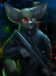 5_fingers anthro anti-materiel_rifle barrett_m82 black_nose cable clothed clothing detailed_background fingers gun holding_gun holding_object holding_ranged_weapon holding_weapon hoodie male ranged_weapon rifle smile solo topwear weapon koul alphaafterdark canid canine fennec_fox fox mammal true_fox