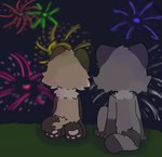 anthro duo facing_forward female fireworks fur pawpads paws simple_background sitting tail watching_from_afar young vaporeon1770 marcy_(burgercat55) val_(burgercat55) canid canine mammal procyonid raccoon raccoon_dog digital_drawing_(artwork) digital_media_(artwork) hi_res shaded simple_shading