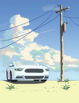 :3 ambiguous_feral ambiguous_gender blue_sky car cloud cloudy_sky day desert detailed_background feral machine mouth_closed not_furry outside power_lines sky solo vehicle eibvdy ford ford_mustang living_car living_machine living_vehicle hi_res