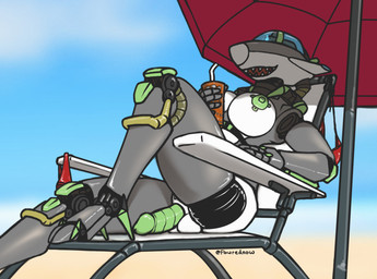 1_eye aircraft airplane anthro areola beach beach_chair beach_umbrella beverage breasts cockpit container cup furniture genitals grey_body gynomorph holding_object intersex jet machine metallic_body nipples not_furry nude nude_anthro nude_gynomorph outside parasol penis seaside simple_background sky solo vehicle russy_(artist) aeromorph living_aircraft living_machine living_vehicle robot digital_media_(artwork)
