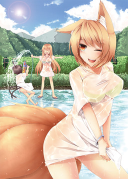 :d alternate_costume barefoot big_breasts blonde_hair bottomless bra bra_through_clothing bracelet breasts brown_eyes brown_hair butt cat_tail clothed clothing cloud collarbone feet female footwear fox_tail group hair hose jewelry lens_flare long_hair mountain multi_tail one_eye_closed open_mouth outside outstretched_arms plant reflection sandals shirt shoes shrub sky smile splash spread_arms summer sun tail topwear toy toy_gun translucent translucent_clothing underwear water water_gun wet yellow_eyes midori_(misuriru8) asian_mythology east_asian_mythology japanese_mythology mythology touhou chen_(touhou) ran_yakumo yukari_yakumo animal_humanoid canid canid_humanoid canine canine_humanoid cat_humanoid felid felid_humanoid feline feline_humanoid fox_humanoid human humanoid mammal mammal_humanoid nekomata yokai
