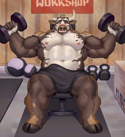 5_fingers abs anthro armpit_hair ball biceps bodily_fluids body_hair bottomwear broken_horn bulge clothed clothing detailed_bulge ear_piercing exercise eyebrow_piercing eyebrows facial_hair facial_piercing fingers genital_outline gym hair hooves horn inside kettlebell male multicolored_body muscular muscular_anthro muscular_male navel nipples open_mouth pecs penis_outline piercing shorts sign sitting solo sweat teeth tenting text topless weightlifting weights workout adios clint_(lemon_curry) bovid bovine cattle mammal 2020 hi_res