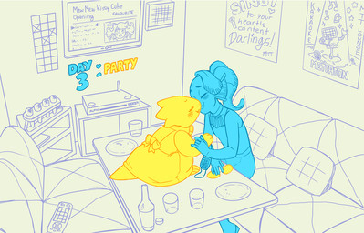 anthro blush clothing container cup detailed_background duo electronics eye_patch eyes_closed eyewear female female/female furniture glasses hair inside karaoke kissing microphone monitor plate ponytail poster romantic romantic_couple sitting sofa speaker tail text thick_tail hachibani undertale undertale_(series) alphys mettaton undyne aquatic fish lizard reptile scalie 2015 english_text