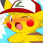 ambiguous_gender blush bodily_fluids clothing hat headgear headwear solo suggestive sweat tears pasaran nintendo pokemon ashchu generation_1_pokemon pikachu pokemon_(species) 1:1 digital_media_(artwork) low_res oekaki