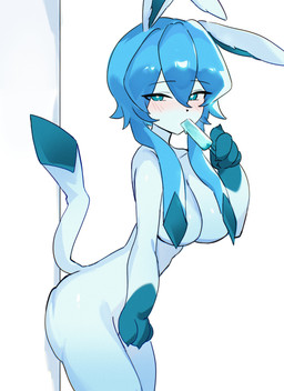against_surface against_wall anthro blue_body blue_hair blush breasts eating female female_anthro food hair looking_at_viewer nude popsicle simple_background solo white_background chunniwa nintendo pokemon eeveelution generation_4_pokemon glaceon pokemon_(species) absurd_res hi_res