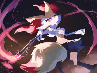 3_fingers ambiguous_gender anthro black_body black_fur dipstick_tail dutch_angle fingers fire fur holding_object looking_at_viewer markings orange_body orange_eyes orange_fur orange_nose semi-anthro solo standing stick tail tail_markings white_body white_fur yellow_body fusenryo nintendo pokemon braixen canid canine fox generation_6_pokemon mammal pokemon_(species)