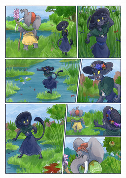 5_fingers anthro black_body black_fur blood bodily_fluids clothed clothing dark_body day duo feral fingers fur grass grey_body hat headgear headwear male plant proboscis_(anatomy) tail trunk_(anatomy) water bjekkergauken mythology imbali_(bjekkergauken) isilo_(bjekkergauken) avian bird elephant elephantid mammal proboscidean unknown_species 2026 colored comic hi_res