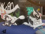 amara_(derpwolfy18971) anthro bed big_butt big_legs breasts butt claws derpwolfy18971 feet female furniture hi_res looking_at_viewer lying on_bed on_front pawpads plushie prehensile_feet sergal side_view smile solo toes wide_hips