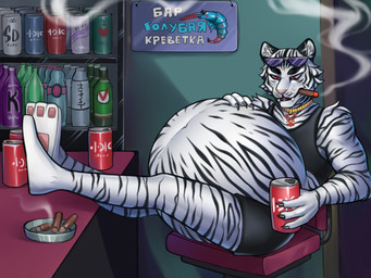 alcohol anthro ashtray bar beer belly beverage beverage_can big_belly bottomwear chair cigar clothing eyewear eyewear_on_head fur furniture gold_(metal) gold_jewelry hand_on_belly huge_belly hyper hyper_belly jewelry legs_up male necklace on_chair shirt shorts sitting sitting_on_chair smoking smoking_cigar solo striped_body striped_fur stripes sunglasses sunglasses_on_head tank_top text topwear vore white_body white_fur matokiro felid mammal pantherine tiger 2023 digital_drawing_(artwork) digital_media_(artwork) hi_res partially_translated translation_request