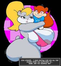 anthro areola areola_slip big_breasts big_butt biped blonde_hair body_between_breasts bottomless bra breasts buckteeth butt checkered checkered_background cleavage clothed clothing dialogue dialogue_box duo eyelashes female grey_body hair heart_eyes heart_symbol hoodie hug huge_breasts huge_butt larger_female long_hair male male/female motion_outline open_mouth orange_body overweight overweight_anthro overweight_female pattern_background ponytail simple_background size_difference smaller_male smile speechless tail teeth text topwear underwear windreg1 conker's_bad_fur_day rareware berri conker chipmunk ground_squirrel mammal rodent sciurid tree_squirrel english_description english_text hi_res shaded