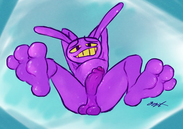 3_toes anthro balls bodily_fluids erection feet foreskin genital_fluids genitals humanoid_genitalia humanoid_penis male nude penis precum presenting purple_body saggy_balls soles solo sweat toes yellow_sclera gaygoat glitch_productions the_amazing_digital_circus jax_(tadc) lagomorph leporid mammal rabbit absurd_res hi_res huge_filesize