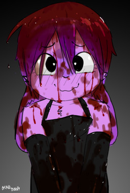 anthro black_clothing black_dress black_gloves black_handwear blood bodily_fluids clothing dress excessive_blood female female_anthro fur gloves gore hair handwear looking_at_viewer purple_body purple_fur purple_hair smile solo young young_anthro young_female bravobunny lagomorph leporid mammal rabbit half-length_portrait portrait